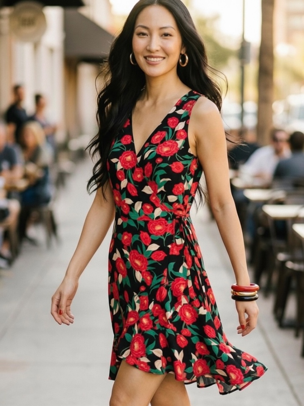 Lush Red Floral V Neck Wrap Dress | Flower Print Sleeveless Ruffle Hem Mini - Picture 5 of 5